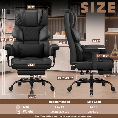 Vonesse Big and Tall Office Chair, Gaming Chair with Soft Adjustable Armrests, Ergonomic High Back Desk Chair with Lumbar Support, Executive Computer Chairs with Footrest (PU Leather, Black)