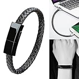 Bracelet USB Type C Cable Data Sync Durable Leather Braided Wrist Bracelet Portable Short Type C Charging Cable Compatible Galaxy S8+,HTC 10/U11,OnePlus 2/3T,Huawei P9/10 ect (Black-7.9 inch)