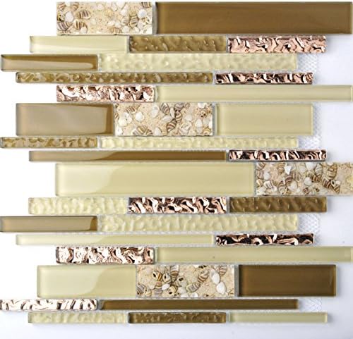 Interlocking Glass Tile Rose Golden Beige Tan Interior Wall Beach Sand Inner Conch Style Kitchen Backsplash TSTNB08 (11 PCS [12'' X 12''/each])