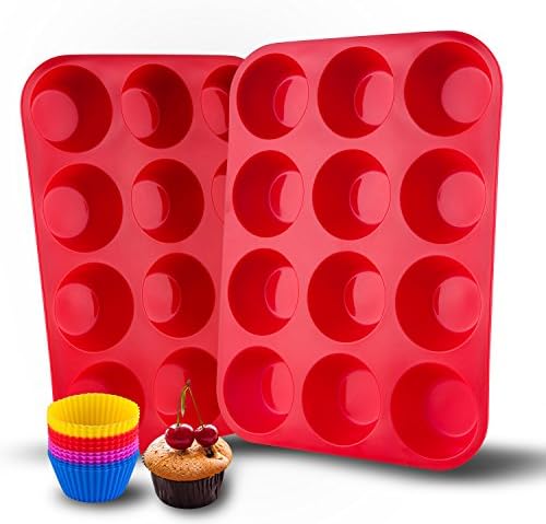 Auxcuiso 12 Cups Muffin Molds Silicone Non Stick Set of 2 Pack Red with 12 Silicone Baking Cups Cupcake