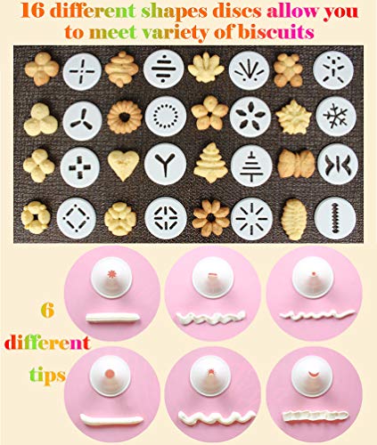 Cookie Press Gun Kit, Biscuit Maker Cookies Press DIY Baking Decoration Supplies for Cookies Cake Cheese Dessert Decorative Tools with 16 Discs and 6 Icing Tips, Comfort Grip Cookie Maker Press