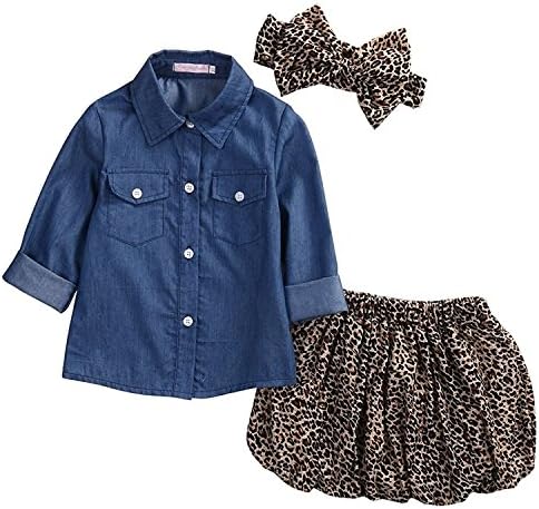 Zefeng Baby Girl Blue Denim Shirt +Princess Tulle Overlay Leopard Print Dress Outfit with Bowknot Headband(6-12Months)