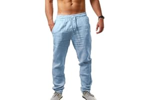 MorwenVeo Men's Linen Pants Casual Drawstring Yoga Beach Trousers Lightweight Loose Fit Elastic Waist Summer Pant
