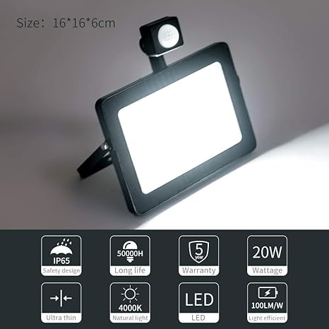 SUNGNY LED Flood Fluter mit Bewegungsmelder 20W 2000lm 6500K IP65 Wasserdicht Perfekt für Garage, Garten und Vorplatz