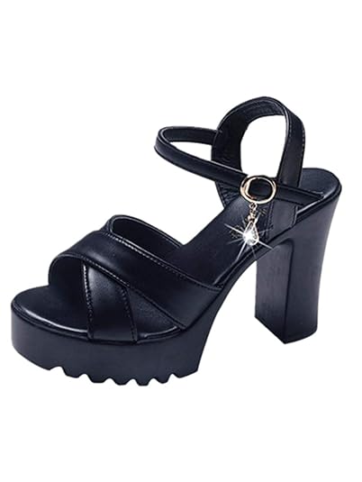 Ansenesna Sandalen Damen Schwarz Mit Absatz Leder,10cm Blockabsatz Knöchel Schnalle Elegant Party Sommerschuhe