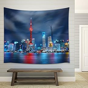 Night Skyline of Downtown Shanghai - Fabric Wall Tapestry Home Decor - 51x60 inches