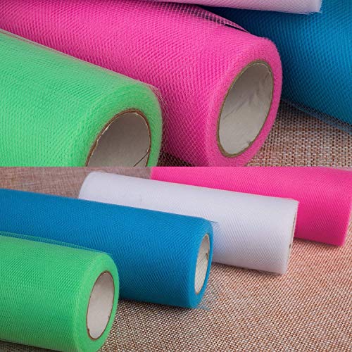 Drhob 4 Colors Tulle Netting Rolls Bolt Fabric Ribbons 6 x 900 Inch by 25 Yards Spool for Bow Tutu Skirt DIY Craft Sewing Gift Wrapping Clothes Wedding Decoration - Pink, Green, White, and Blue - Thumbnail 2