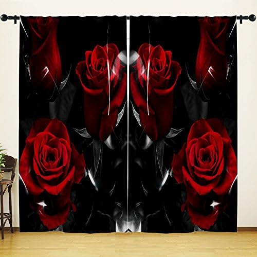 Rose Window Curtain by HGOD DESIGNS, Abstract Red Rose and Black Leaves,Home Decor Window Curtains/drape/panels/treatment Polyester Fabric Bedroom,54"x84"inch,Red and Black