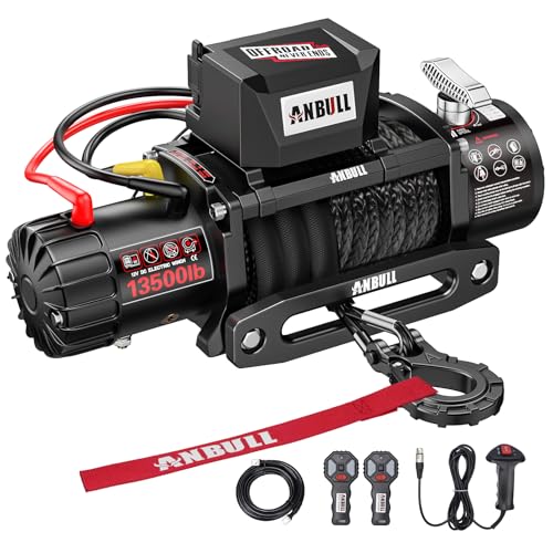 Anbull Electric Winch 12 V 13500 LBS/6150 kg, Synthetic Rope 9.5 mm x 26 m, IP67, 6.6 HP, Compatible with 4X4, Quad, Crosser, 4X4 Off-Road Jeep, Toy, Boat Trailer