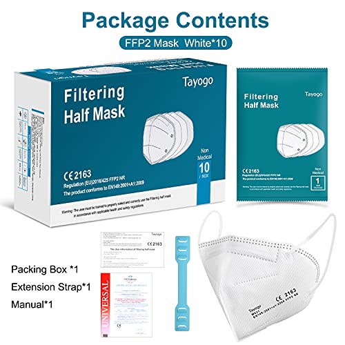 Tayogo Masque FFP2, 10 pcs Masques Jetables, NR Certifié CE EN149, 5 Epaisseurs de Filtration, Emballage Indépendant, Blanc
