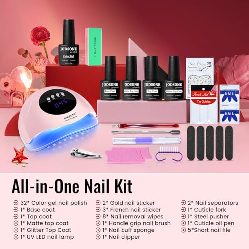 JODSONE Gel Nail Polish Kit with U V Light 32 Colors Gel Polish Nail + 4 Functional Adhesive Bottles Kit Soak off Manicure Tools Gifts for Women