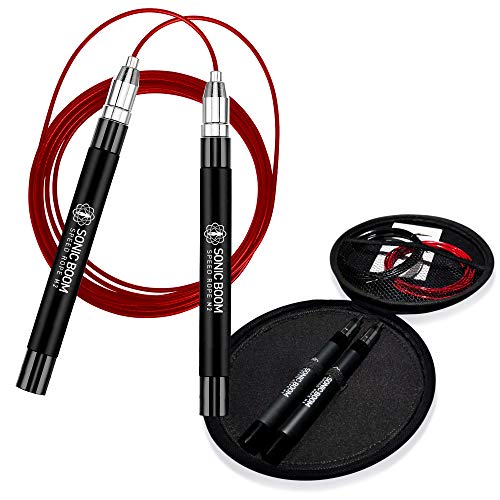 Epitomie Fitness Sonic Boom M2 with Hard Carry Case - High Speed Jump Rope with Patent Pending Self-Locking, Screw-Free Design - Weighted, 360 Degree Spin, Silicone Grip with 2 Speed Rope Cables