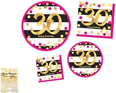TwoTwelve Products, 30th Birthday Party Supply Pack, Pink and Gold Design, Disposable Paper Dinnerware, 16 Guests Includes Dinner Plates, Dessert Plates and Napkins