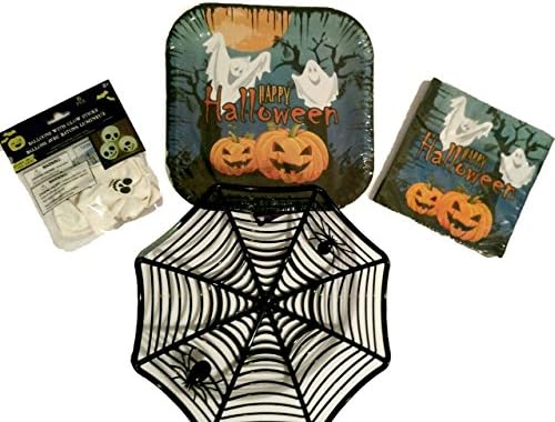 Halloween Plates, Napkins, Glow in The Dark Balloons, and Spider Web Basket - Party Supply Pack - (47 Piece Bundle Serves 24)