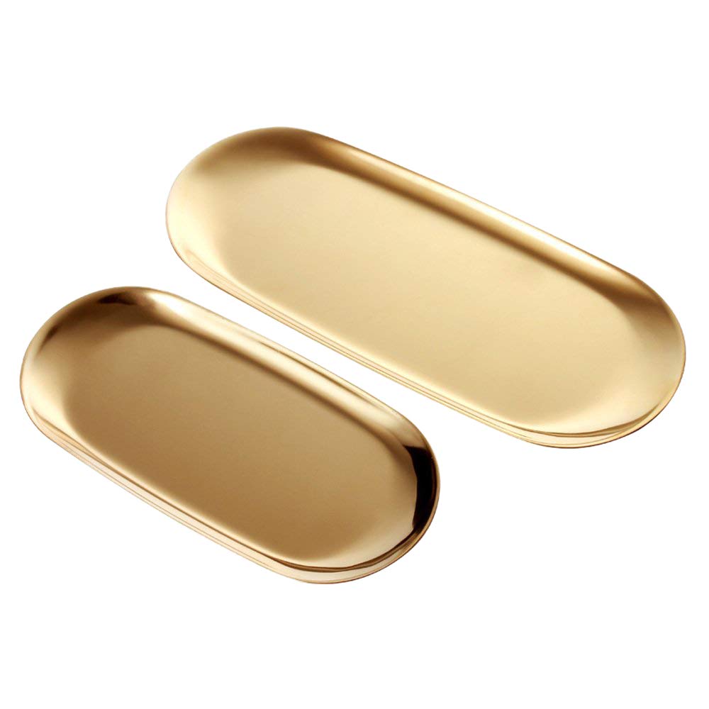 Wisboey 2 Sets Gold Oval Stainless Steel Trinket Tray,Towel Storage Dish Plate Tea Fruit Trays Cosmetics Jewelry Plate