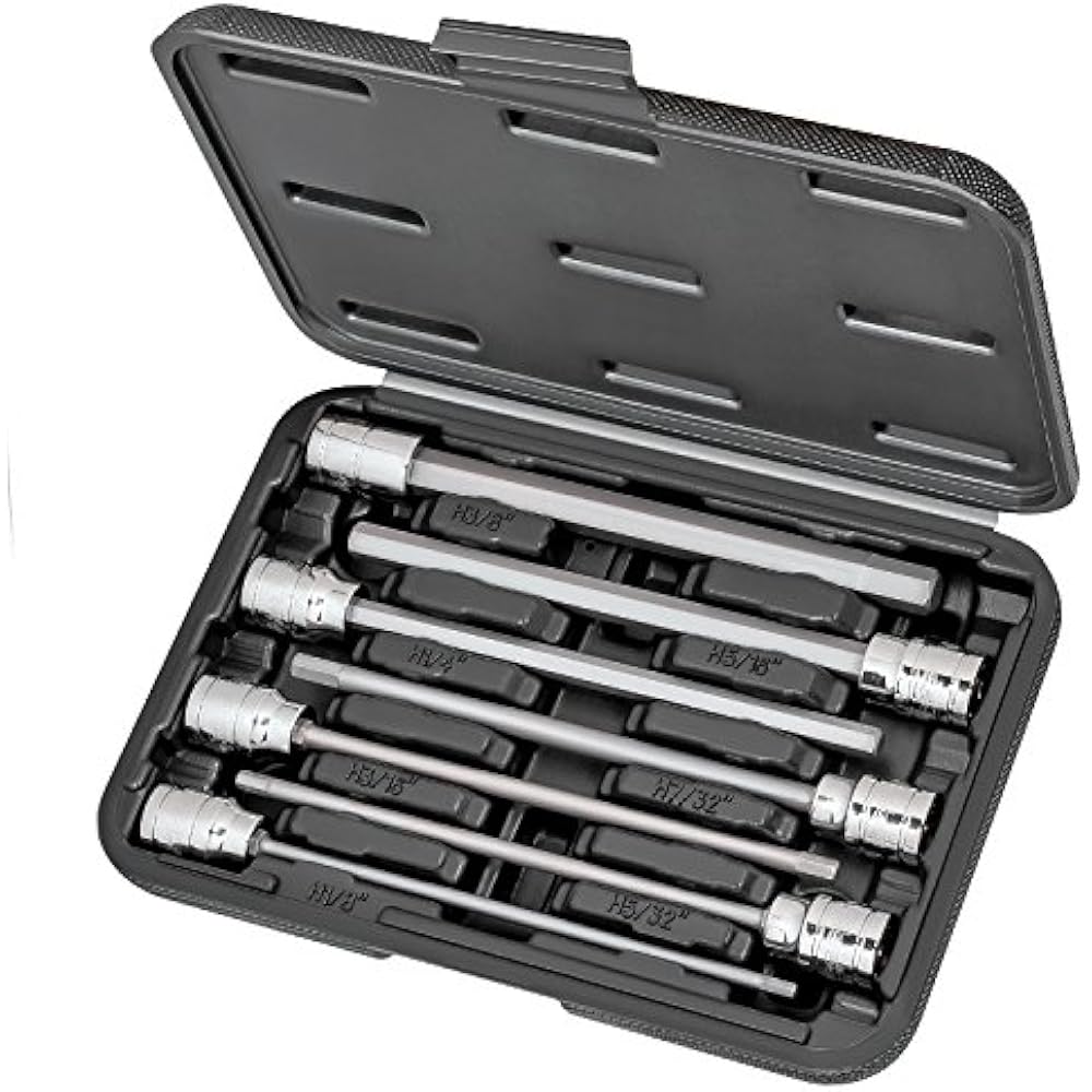 7 Piece Extra Long Hex Bit Socket Set SAE, S2 Steel Bits 3/8" Drive