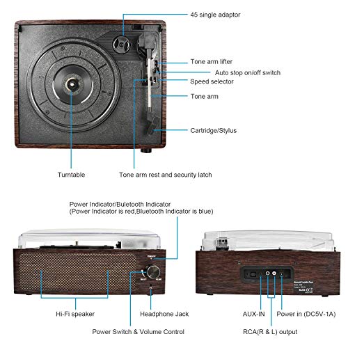 Bluetooth Record Player Belt-Driven 3-Speed Turntable, Vintage Vinyl Record Players Built-in Stereo Speakers, with Headphone Jack/ Aux Input/ RCA Line Out, Brown Wooden (Brown-1) - Thumbnail 5