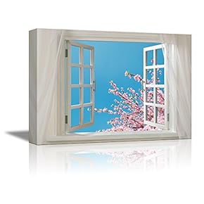 Canvas Prints Wall Art - Glimpse into Cherry Blossom in Spring Out of Open Window | Modern Wall Decor/Home Decoration Stretched Gallery Canvas Wrap Giclee Print & Ready to Hang - 24" x 36"