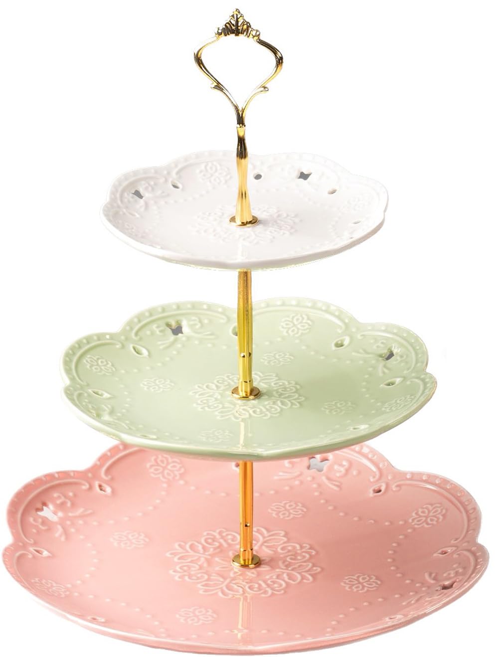 YBK Tech 3-Tier Porcelain Serving Stand, Cake Stand with Embossed Lace Pattern - (White+Green+Pink, Gold rod)