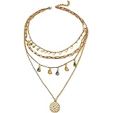 GYRMMUE Layered Pendant Necklace for Women Boho Western Jewelry Multilayer Statement Necklace Stack Coin Chunky Pendant Necklace Geometric Circular Tassel Necklace