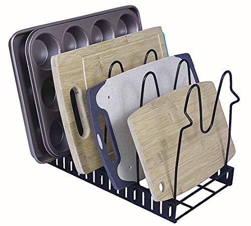 Felibeaco Adjustable Pot and Pan Lids Organizer Rack, Bakeware Cookware and Cutting boards Holder Storage Rack for Kitchen, Cabinet, Countertop and Pantry,Metal,Black