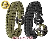 A2S Dare2 Survival Bracelet - Pack of 2  Stylish Survival Gear Kit with Compass, Fire Starter, Emergency Knife - for Camping Hiking Outdoors Emergency (Black / Green - No Compass, Small 8.0")