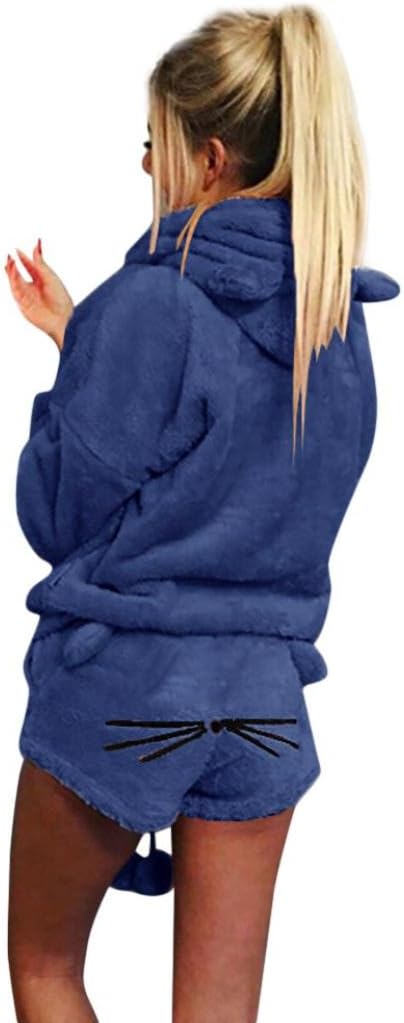 Toamen Women's Personality Fashion Warm Autumn Winter Cute Cat Solid Color Super Premium Set Two Piece Pajamas Hoodie Sleepwear Tops Blouse, Cheap Clearance