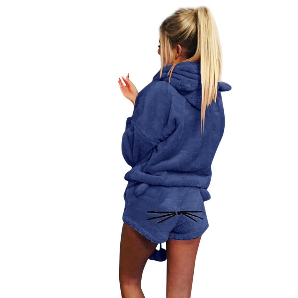 Toamen Women's Personality Fashion Warm Autumn Winter Cute Cat Solid Color Super Premium Set Two Piece Pajamas Hoodie Sleepwear Tops Blouse, Cheap Clearance