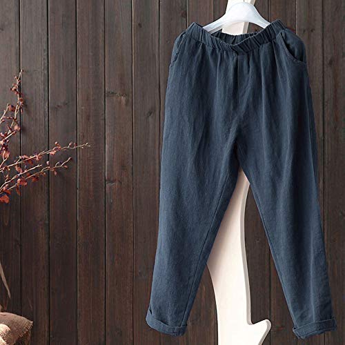 wodceeke Women Plus Size Pants, Elastic Casual Relaxed Loose Fit Cotton Linen Pants Harem Trousers Cropped Pants (L, Navy)