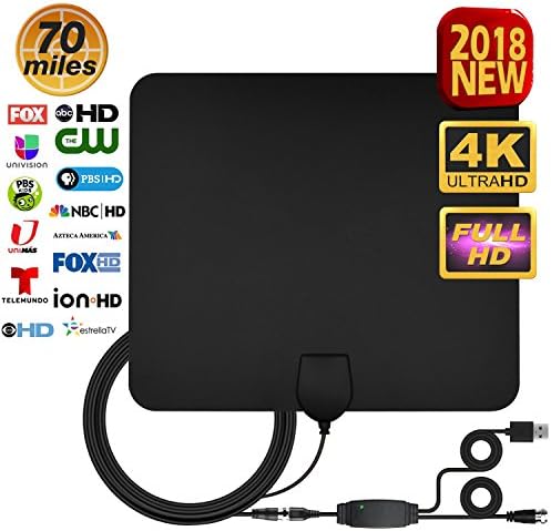 TV Antenna, Antenna TV Digital HD - Support All TV's Best 70+ Miles High Definition 2018 Newest 1080P 4K Ready Advanced Amplifier Signal Booster and 16.5FT Coax Cable for Digital Freeview