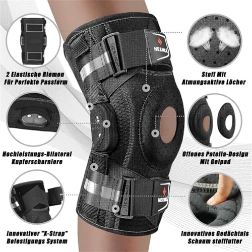 Rodillera profesional NEENCA para el dolor de rodilla, soporte ajustable con bisagras y estabilizadores laterales extraíbles, gran estabilidad para aliviar el dolor articular, artritis, desgarro de menisco, ligamento cruzado anterior (LCA), ligamento cruzado posterior (LCP), corredores y deportistas (HX043-MX, Small) (Negro, Medium)
