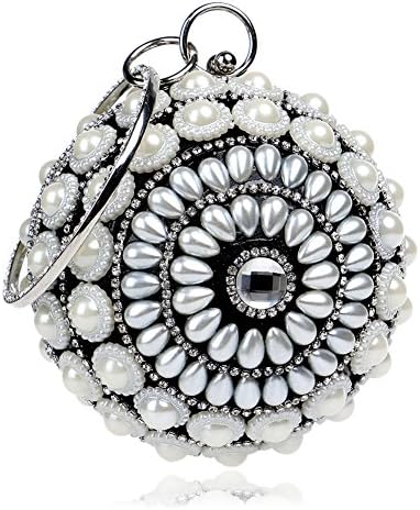 LoriLi Women's Silver Round Pearl Weeding Handle Bag Clutch(Black)