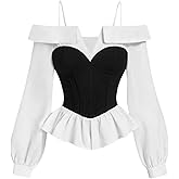 MakeMeChic Women's Fall Tops Lantern Sleeve Cold Shoulder Blouse Color Block Renaissance Shirt Corset Top