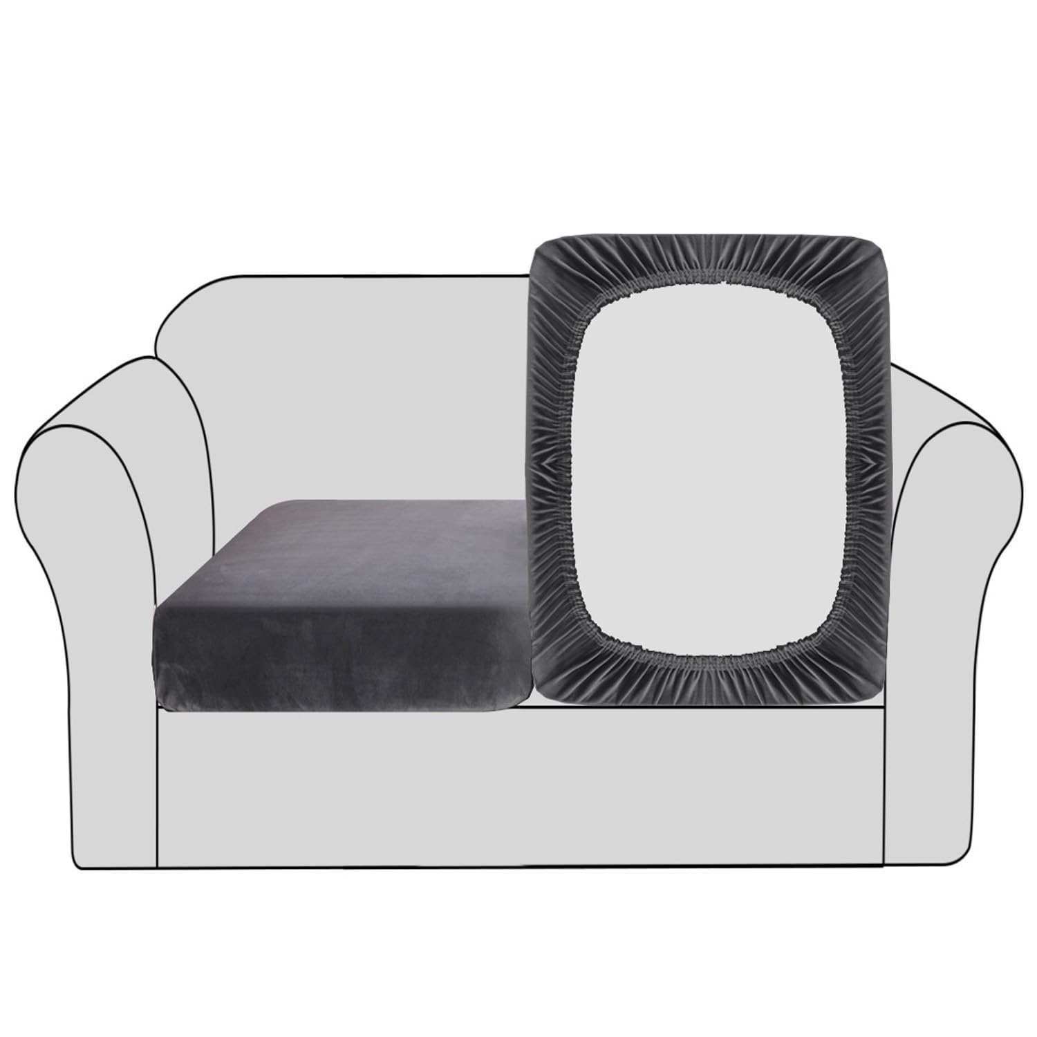 BellaHills Velvet Stretch Sofa Seat Cushion Cover - Modular Couch Protector With Elastic Bottom (2 Pieces, Grey)