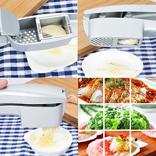 Garlic Press & Slicer - 2 in 1 Handheld Garlic Mincer Crusher Chopper Squeezer with Silicone Tube Peeler and Cleaning Brush Home Kitchen Gadgets, Bonus Vegetable Peeler
