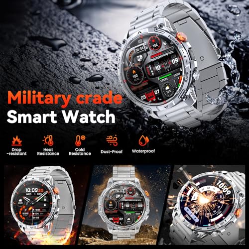 Haulvean Men's Military Watch Battery 1000 mAh Smartwatch Two Bracelets 1.75 Inches HD Screen LED Flashlight 100+ Sports Modes Health Monitoring Bluetooth Calls for iOS Android (Silver)