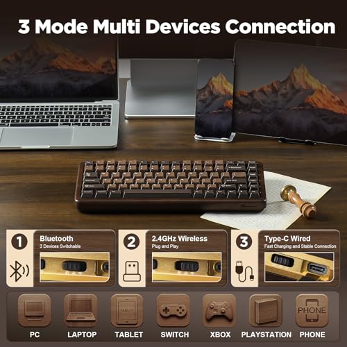YUNZII WOOD84 Wireless Gaming Mechanical Keyboard 75% in Wood, Bluetooth/2.4G/USB-C, RGB Backlight, Tray, Hot-Swap with PBT Keys for Mac/PC, QWERTY (Candy)