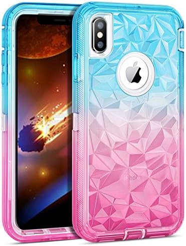 WESADN Case for iPhone Xs Max Case for Women Girls Clear Protective Gradient 3D Diamond Heavy Duty Shockproof Hard PC Bumper Anti Drop Soft TPU Back Cover for iPhone Xs Max 6.5 Inches, Teal Pink