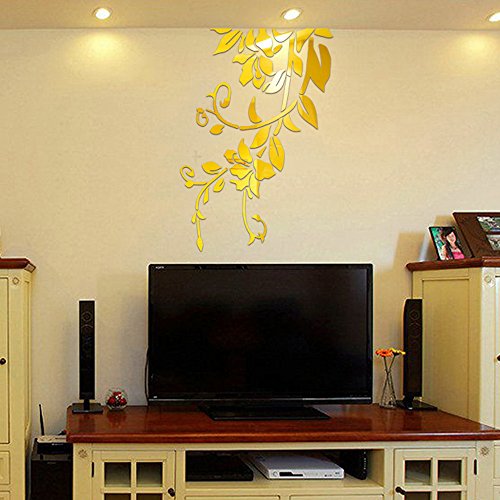 Rumas 3D Mirror Flower Wall Stickers for Living Room - DIY Home Decor for Bedroom Kitchen Kids Room - Removable Wall Murals Wall Decals - Silver Black Gold (Gold)