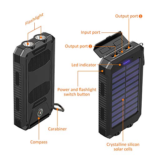 Solar Charger, STOON 10000mAh Portable Solar Power Bank Phone Charger with Flashlight & Compass for Outdoor Camping Travelling, External Battery Pack with Dual USB Ports for iPhone, iPad and More - Thumbnail 5