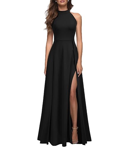 makemechic women's sleeveless split ruched halter party cocktail long dress Dressystar Womens Hem Elegant Formal Prom Dress Wedding Guest Maxi Dresses Black XS : Clothing, Shoes & Jewelry img_red