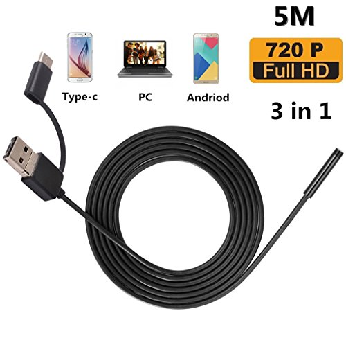 3 in 1 Smart USB Endoscope, Sokos 6 LEDs Waterproof Inspection Camera with Snake Soft Wire for PC, Laptops and Android Smartphones(5m/16.4ft)