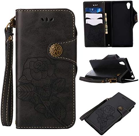 Sony Xperia XA1 Protective Case, UNEXTATI Vintage Rose Pattern Stand PU Leather Flip Cover, Wallet Case Cover with Hand Strap for Sony Xperia XA1 (Black)