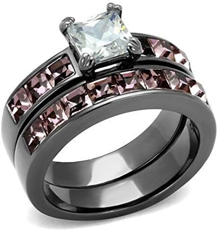 Jewelryfinds His Hers Black Stainless Steel Princess Pink Cz Wedding Engagement 3 Pc Ring Set