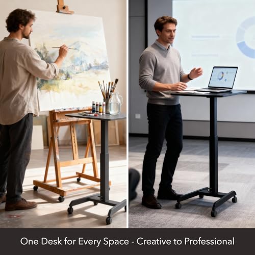 Mount-It! Rolling Laptop Desk Adjustable Height (29.6”-44.2”), Mobile Workstation Cart with 23.6” x 20.5” Desktop, Small Sit-Stand Desk for Home, Office, or Classroom in Black
