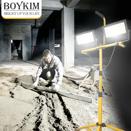BOYKIM LED Work Light with Stand,200W 20000Lumens Portable Outdoor Flood Lights with 16ft Long Power Cord,IP66 Waterproof Adjustable Height for Construction Garage Workshop Jobsite