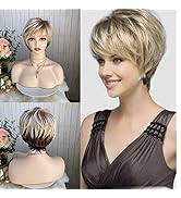 CINHOO Curly Ombre Blonde Pixie Cut Wigs for White Women,Layered Wig Brown to Blonde Gradient Sho...