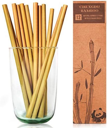 12 Reusable Bamboo Drinking Straws - 8in Long Straws by Chengdu Bamboo That are Biodegradable and Great for The Environment! Each Set Comes in a Stylish Box and Contains a Cleaning Brush.