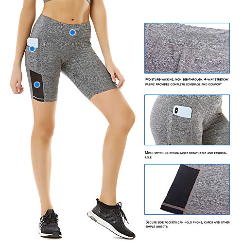 YASEN ART Women\'s Compression Workout Shorts with Side Pockets Tummy Control High Waist Yoga Shorts Athletic Running Shorts Grey
