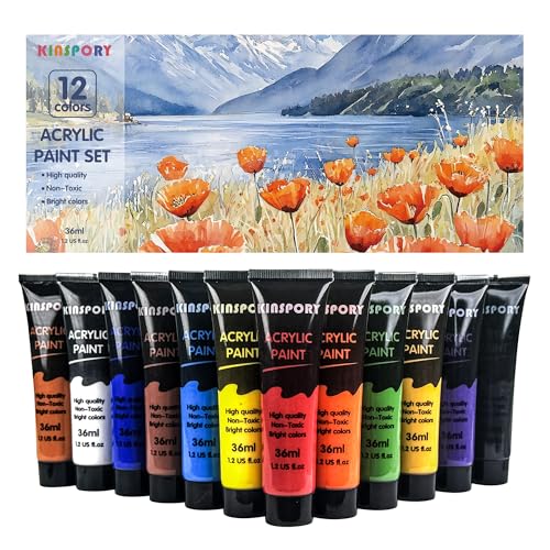 KINSPORY Acrylic Paints 12 × 35ml – Acrylic Paint | Non-toxic, waterproof once dry. For canvas, wood, stone Great for artists, beginners and kids